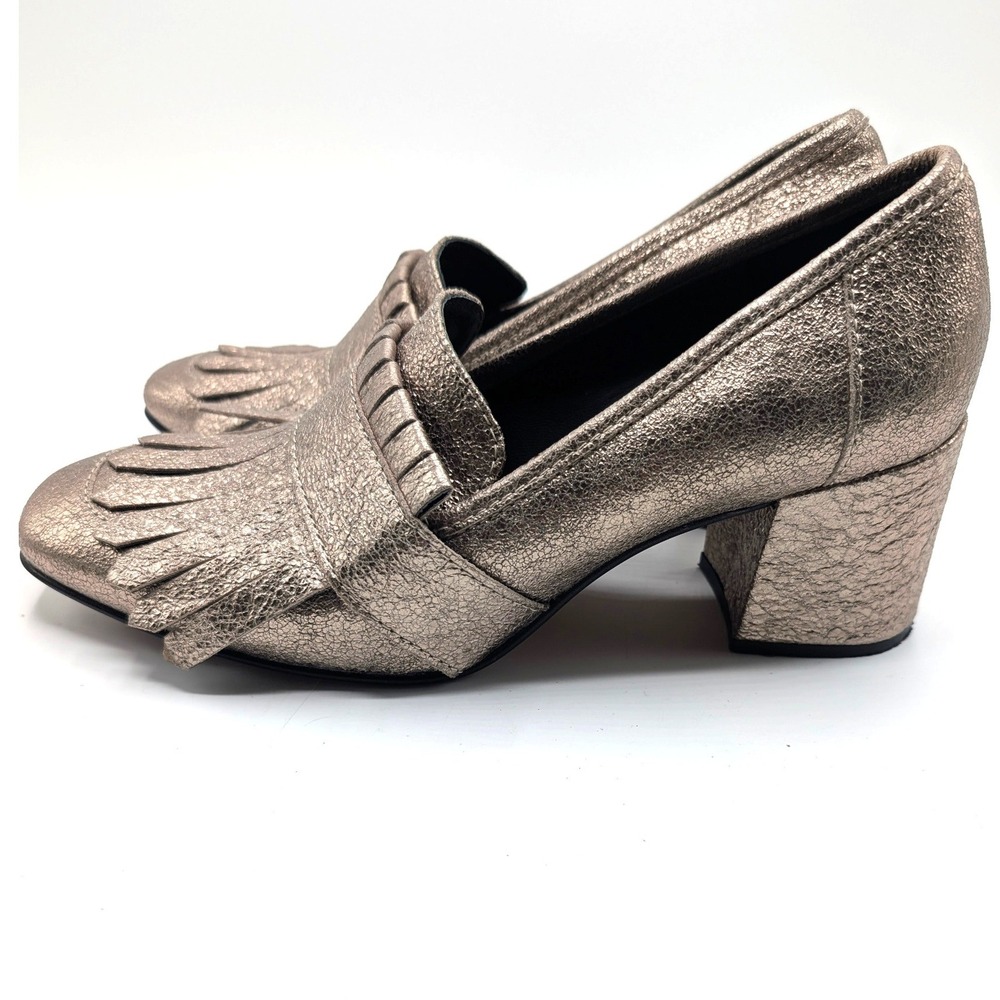 Kenneth Cole Mariel SZ 9 Gold Leather Heeled Loafers Kiltie Fringe Metallic y3k